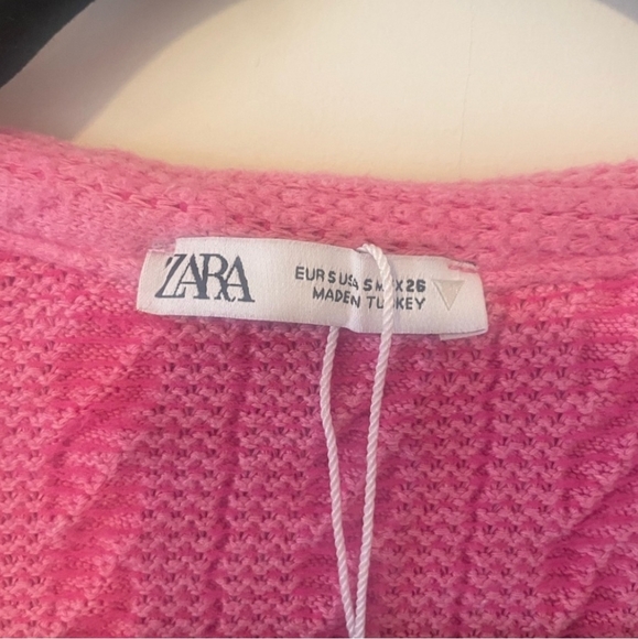 ZARA Ruffle Front Cable Knit Cropped Cardigan Pink Embroidered Floral RARE New - Picture 7 of 9